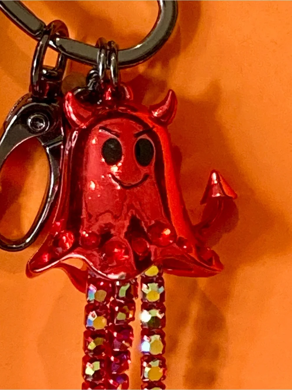 NIB Betsey Johnson Red Devil Ghost Charm Bag Charm with Rhinestone Tassels